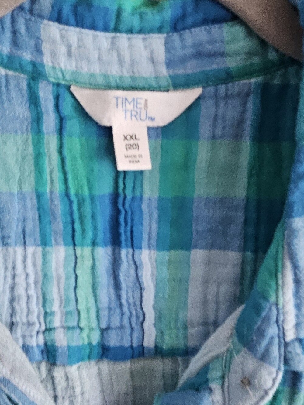XXL/20- Time and Tru- Plaid Button-Up Top - Teal & Blue - Picture 2 of 4